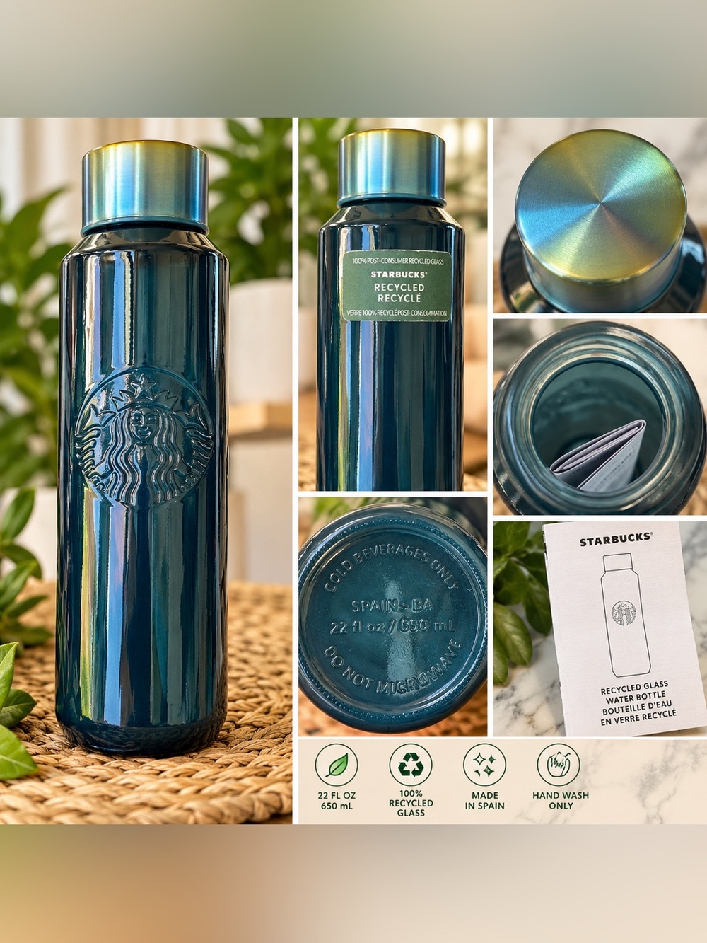 Starbucks Recycled Glass Water Bottle – 22 oz / 650 mL 🌿💚